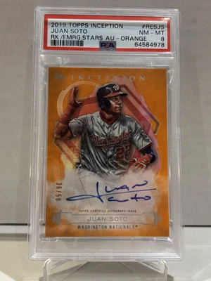 Juan Soto 2019 Topps Inception autógrafo automático #/50 Nationals Padres naranja PSA 8 Foto 1 de 2