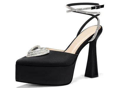 Plataforma Tacones Altos Gruesos Estrás Triple Corazón Punta Tobillo Correa Fiesta Foto 1 de 4