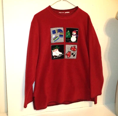 Pullover de colección polar para vacaciones, apliques de fieltro, mitones, manguitos, muñeco de nieve, patines XL Foto 1 de 4