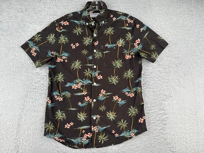 Old Navy Shirt Men Small Black Floral Palm Tree Hawaiian Cotton Blend READ - Image 1 of 4