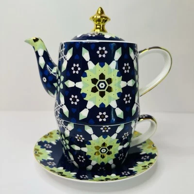 Blue Green Geometrical T2 Tea Pot for One with Saucer Gold Trim Unique Gift  - Image 1 of 4