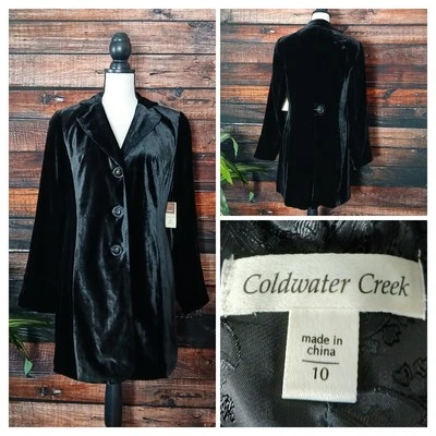 Chaqueta Larga Coldwater Creek Talla 10 Negra Terciopelo Forma Seda Rayón Mezcla Nueva con Etiquetas Foto 1 de 4