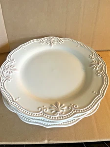 5 Pier 1 Abigail Dinner Plates 11" Ivory Stoneware Embossed Raised Beaded - Picture 1 of 4