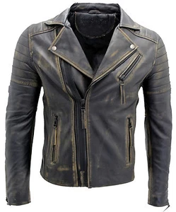 Men's Vintage Black Slim Fit Brando Double Cross Zip 100% Leather Biker Jacket - Picture 1 of 7
