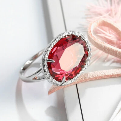 Enorme anillo de mujer de plata con topacio rosa fuego forma ovalada de vacaciones talla 6-10 Foto 1 de 4