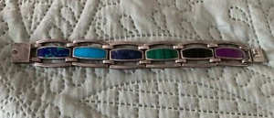 Taxco Mexico Sterling Silver Bracelet Heavy Clasp Six Stones Lapis Turquoise Etc - Bild 1 von 10