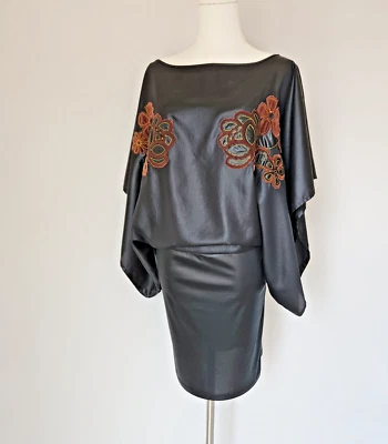 Custo Barcelona Floral Embellished Satin Kimono Sleeve Mini Dress Black Sz.38/2 - Image 1 of 4