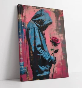BANKSY SAD GUY WITH A ROSE GRAFFITI -FRAMED CANVAS WALL ART PICTURE PRINT - Picture 1 of 2