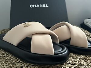 New Authentic Chanel Beige Crossover Logo Leather Fabric Sandal 38 US 7