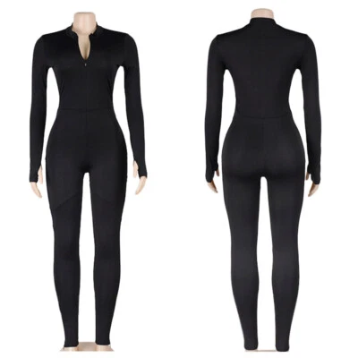Damen Langärmliger Bodysuit Overall Reißverschluss Catsuit Turnanzug Sport Yoga - Bild 1 von 4
