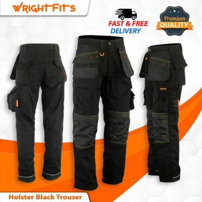 WRIGHTFITS Men Cargo Work Trousers Black Holster Heavy Duty Multi & Knee Pad Pockets -WWAPB