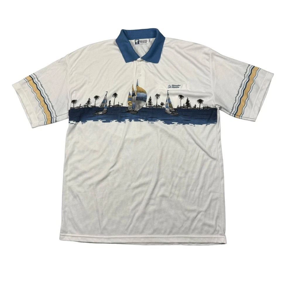 Polo Men's XXL Vintage Beach Vacation Blue White Striped Ocean Island Zone - Image 1 of 4