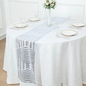 12"x108" SILVER Tulle TABLE RUNNER Sequins Geometric Pattern Party Decorations - Picture 1 of 8
