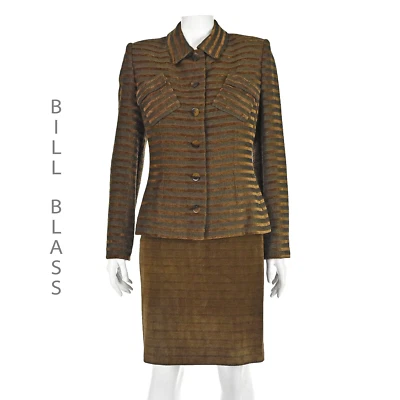 BILL BLASS Vintage Años 90 Marrón y Negro Chenilla Chaqueta y Gamuza Falda Traje Talla XS/S Foto 1 de 4