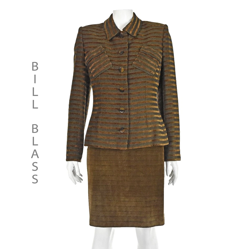 BILL BLASS Vintage Años 90 Marrón y Negro Chenilla Chaqueta y Gamuza Falda Traje Talla XS/S Foto 1 de 4
