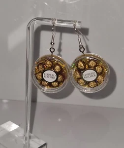 Pair of Minature Ferrero Rocher Chocolate earrings Handmade 5 cm fun party - Picture 1 of 2