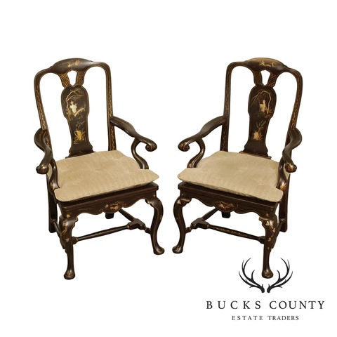 Queen Anne Style Chinoiserie Decorated Vintage Pair of Armchairs Cover