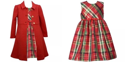 Conjunto de abrigo y vestido de tafetán a cuadros Bonnie Jean Navidad rojo jacquard talla 5 nuevo con etiquetas Foto 1 de 3