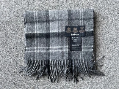 Barbour Merino Wool & Cashmere Tartan Scarf 10” x 72” + fringe black / grey - Image 1 of 3
