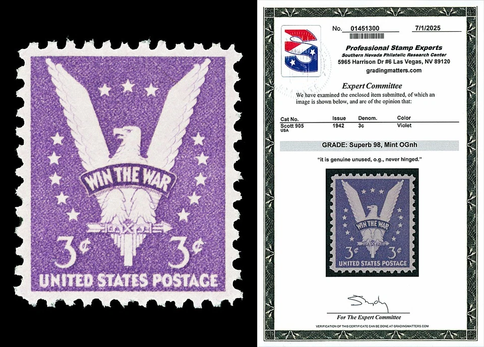 Scott 905 1942 3c Win The War Edición Como Nuevo Calificado Excelente 98 NH con CERTIFICADO PSE Foto 1 de 1