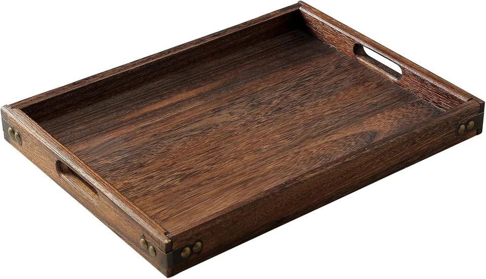 Wood Serving Tray W/Handles Coffee Table Tray Rustic Wooden Platters Bed Tray - Image 1 of 4