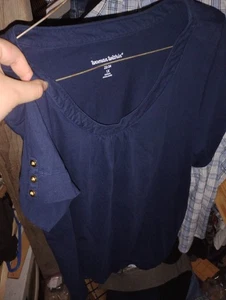 1x 22/24 Mujer Dentro Oro Acento Camiseta Blusa Algodón Básico Azul Marino - Imagen 1 de 1