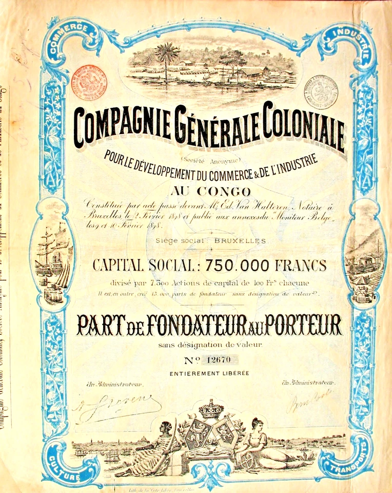 Comp. Générale Coloniaile au Congo acciones Bruselas 1898 Bélgica Congo Zaire África Foto 1 de 1