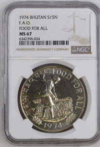 1974 BHUTAN SILVER 15 NGULTRUMS FOOD FOR ALL NGC MS 67 Commemorative - Picture 1 of 7