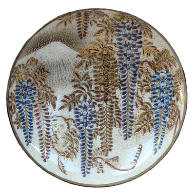 Антикварная японская керамическая и серебряная пряжка для ремня Satsuma Mt. Цветы глицинии Fuji - Изображение 1 из 4