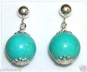 925 Sterling Silver Earrings and Turquoise Howlite 12 mm Model 'Danube' - Picture 1 of 2