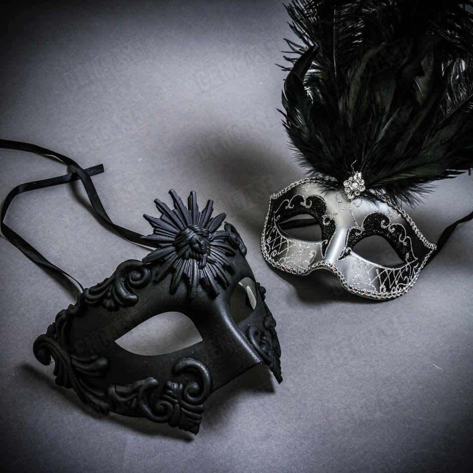 Black Greek & Silver MardiGras Eye Mask w/ Top Black Feather Couple Party Masks - Image 1 of 1