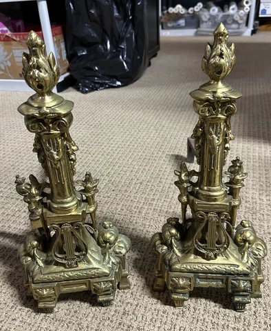 Vtg French Empire Brass Bronze Column Flame Finial Fireplace Andirons Harp 17" Cover