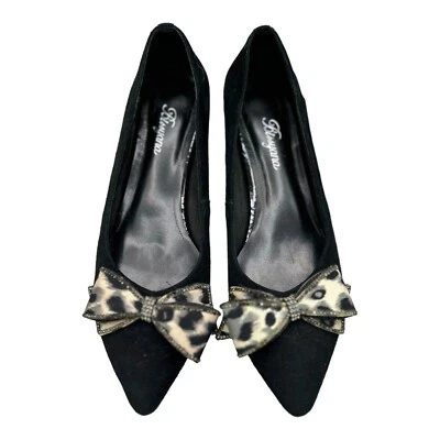 黑色麂皮绒尖头派对鞋豹纹闪光蝴蝶结低跟鞋美国尺码 7.5 — 第 1/4 张图片