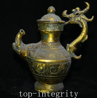 11,8-дюймовая бронзовая посуда старой китайской династии дракон зверь слон вино чайник флагон - Изображение 1 из 4
