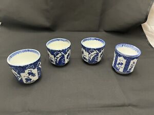 Antique Japanese Blue Flow  Ware Handmade Sake Cups Set Of 4