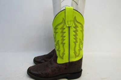 Old West Youth 尺码 3.5 D 霓虹黄色棕色皮革牛仔西部靴 — 第 1/4 张图片