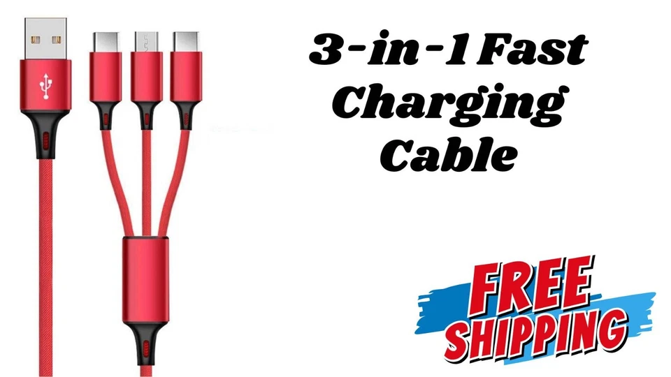 3 In 1 Fast Charger Cable for All Phones Micro USB and Type C With 4 Colours - Image 1 of 2