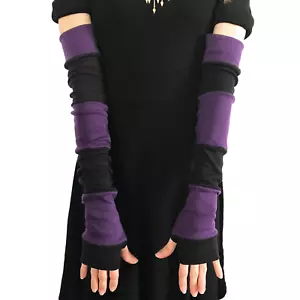 Lange gestreifte Handschuhe lila Handwärmer schwarz Armwärmer Patchwork Ärmel Psy - Bild 1 von 6