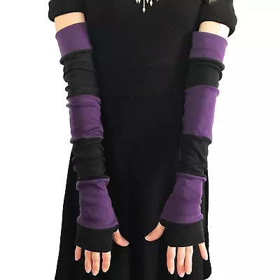 Long Striped Gloves Purple Hand Warmers Black Armwarmers Patchwork Sleeves Psy - Image 1 of 4