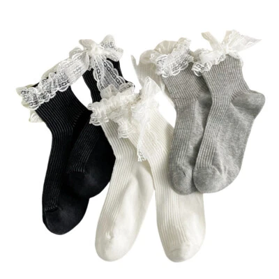 3 Pairs Women Mid Tube Summer Thin Lace Bow Socks Elastic Solid Striped Socks - Image 1 of 4