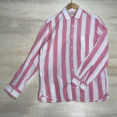 Camisa Mango Hombre Rosa Blanco Rayas Talla M Bolsillo Ajuste Regular Mezcla de Lino a Presión Foto 1 de 4