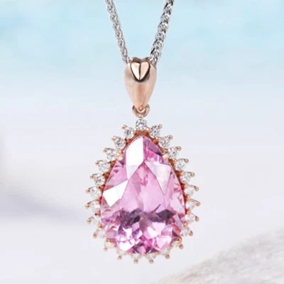 Party Jewelry Gift Waterdrop Pink Topaz Gems Rose Gold Women Necklace Pendant - Image 1 of 4