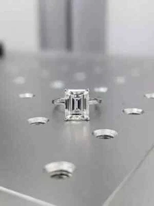 14K White Gold Plated 4Ct Emerald Cut Moissanite Women's Halo Engagement Ring - Picture 1 of 9