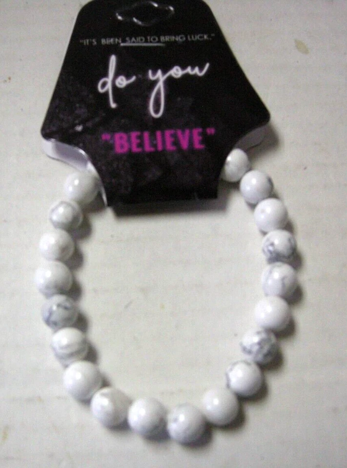 White Howlite Bead Bracelet By Do You Believe, Semi-Precious Stretchable, New - Image 1 of 1