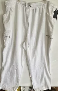 DKNY Baggy Cargo Hose Damen 3X Leinenmischung Reißverschlusstaschen Weiß Plus - Bild 1 von 3