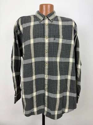 Vintage 90s Flannel Shirt Men Large Midweight Cotton Navy Plaid Check Outdoors - Image 1 of 4