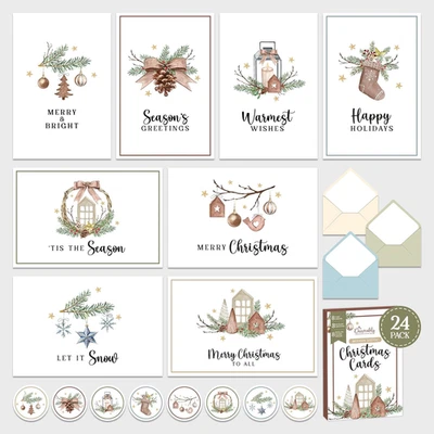 24 Pack 4X6In Modern Rustic Merry Christmas Cards with Envelopes and Stickers - Image 1 of 4
