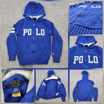 Polo Ralph Lauren Sweater Youth Medium 10-12 Blue Hooded Full Zip Knit Jacket - Image 1 of 4