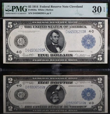 1914 $5 Federal Reserve Note Cleveland Fr.859a ~ PMG VF30 EPQ White / Mellon - Image 1 of 4