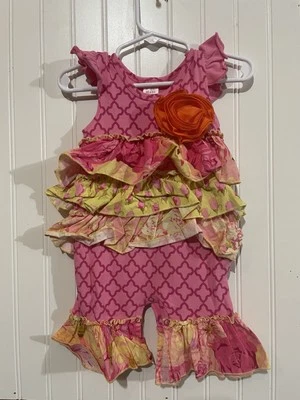 Bebé Niña $65 GIGGLE MOON Talla 3 Meses Una Pieza Rosa Verde Volantes Mameluco G171 Foto 1 de 4